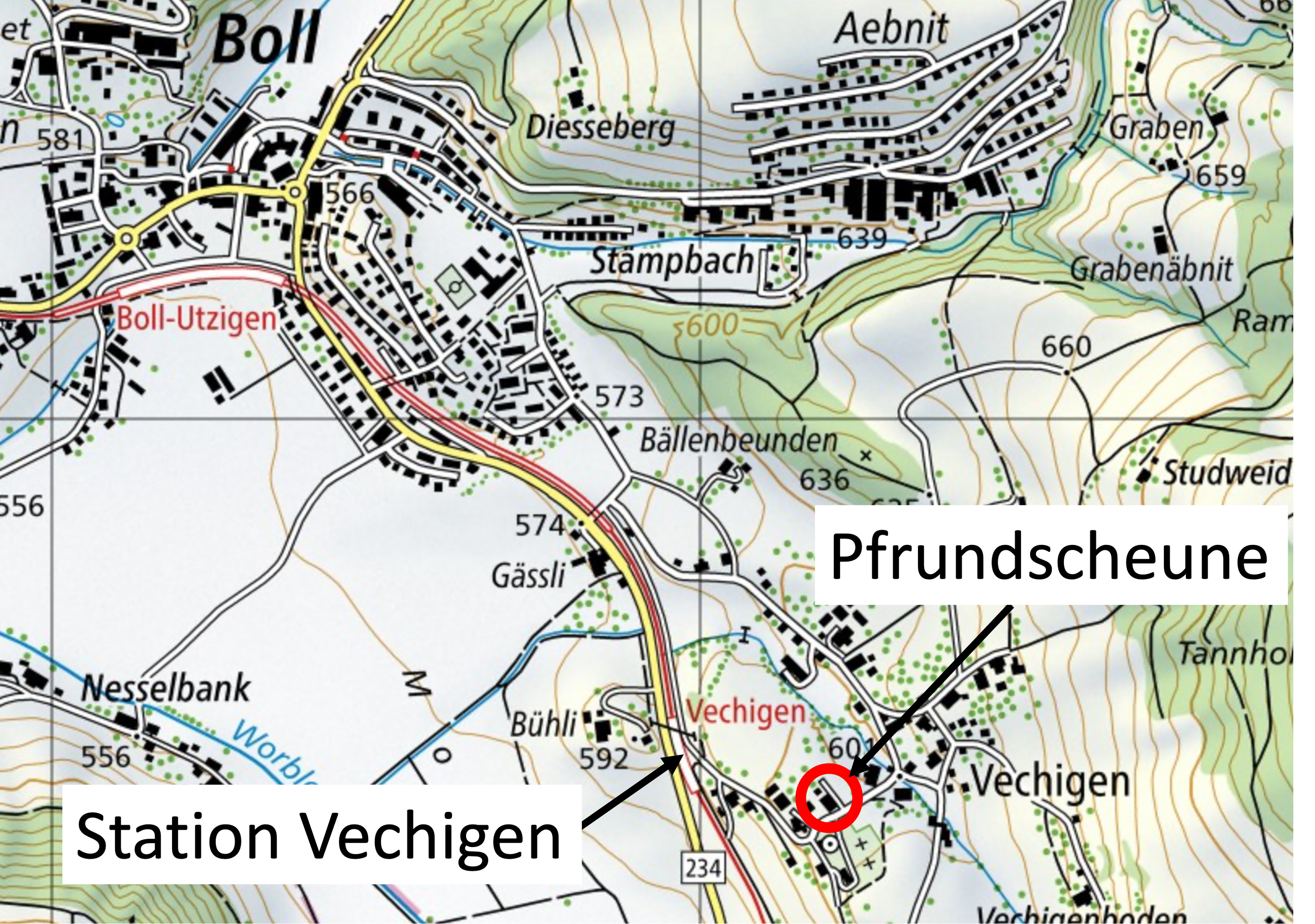 Karte zur Erreichbarkeit der Pfrundscheune